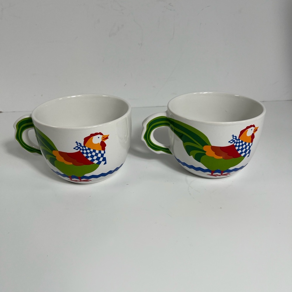 Vintage FTD Chicken Rooster Cup Set of 2 Red Blue Green 16oz Handled Mugs 1992